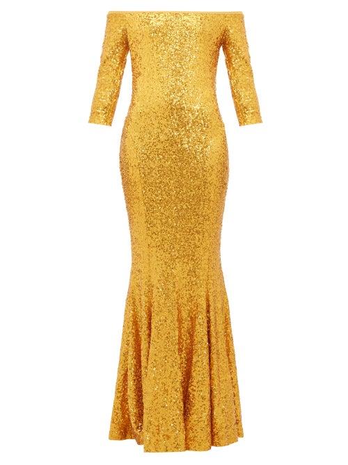 Matchesfashion.com Norma Kamali - Mermaid Hem Off The Shoulder Sequinned Dress - Womens - Gold