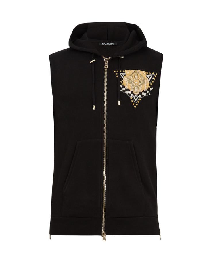 Balmain Patch-detail Sleeveless Cotton Hooded Sweatshirt