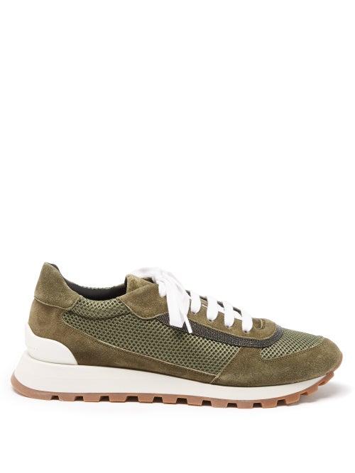 Brunello Cucinelli - Monili-trim Mesh And Suede Trainers - Womens - Green