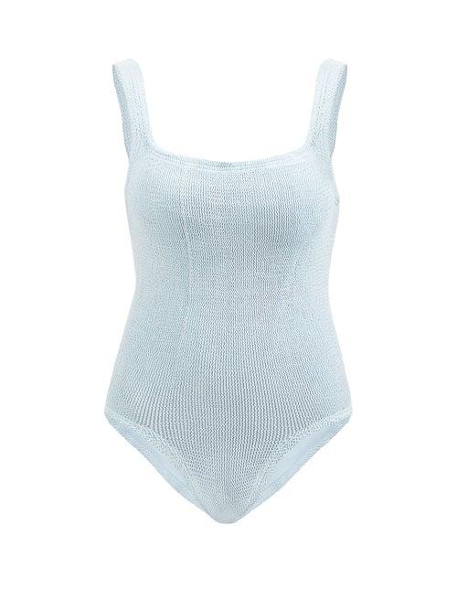 Hunza G - Square-neck Crinkle-jersey Swimsuit - Womens - Light Blue