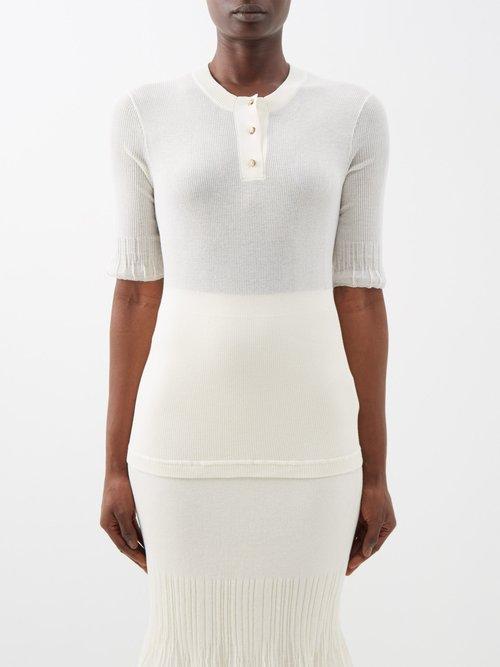 Bottega Veneta - Quarter-button Ribbed Cotton-blend Jersey Top - Womens - Ivory