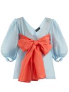 Matchesfashion.com Anna October - Contrast Bow Detailed Cotton Blend Blouse - Womens - Blue Multi