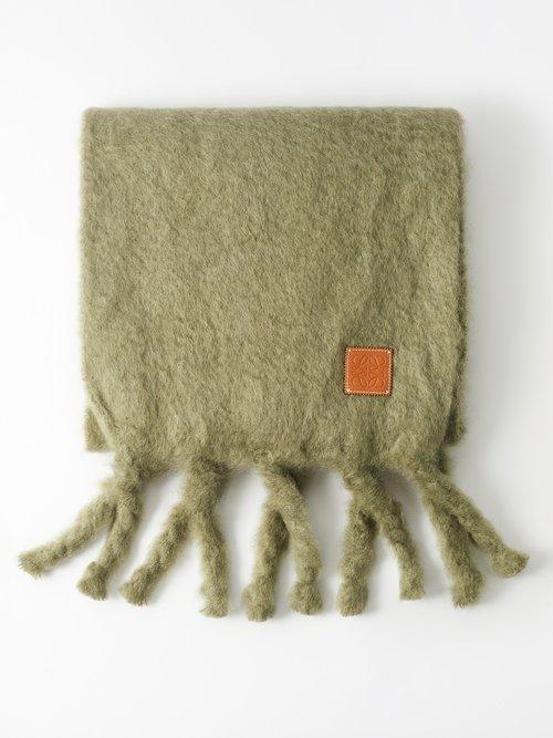 Loewe - Anagram-patch Fringed Mohair-blend Scarf - Womens - Olive