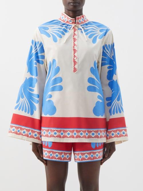 La Doublej - Place-print Flared-sleeve Cotton-poplin Shirt - Womens - Blue Red