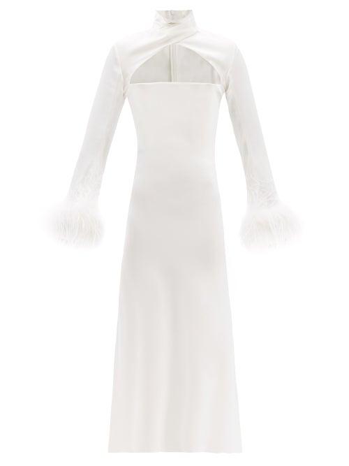 Ladies Rtw 16arlington - Odessa High-neck Feather-trim Satin Dress - Womens - Ivory