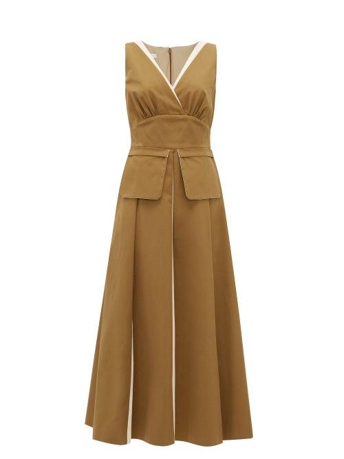 Matchesfashion.com Carl Kapp - Coco De Mer Pleated Cotton-twill Dress - Womens - Brown White