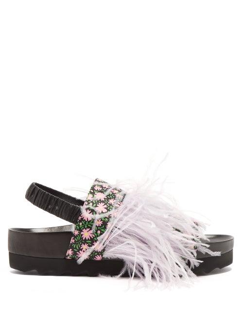 Matchesfashion.com Fabrizio Viti X La Double J - Berkley Feather-trimmed Floral Canvas Flatforms - Womens - Pink Multi