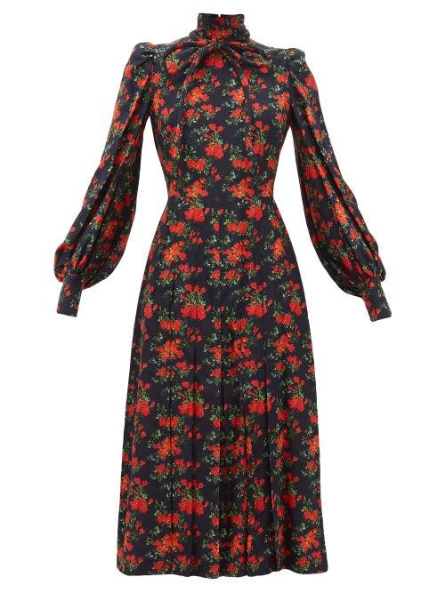Matchesfashion.com Franoise - Floral Print Bow Neck Silk Midi Dress - Womens - Navy Multi