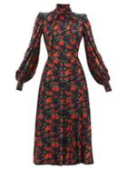 Matchesfashion.com Franoise - Floral Print Bow Neck Silk Midi Dress - Womens - Navy Multi