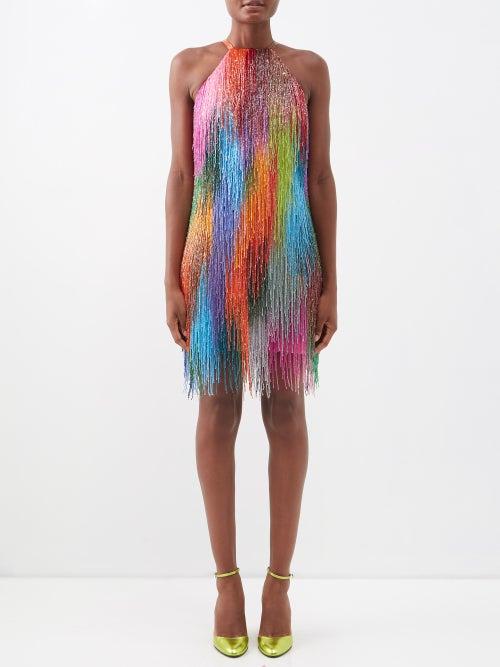 Ashish - Holi Fringed Halterneck Georgette Mini Dress - Womens - Multi