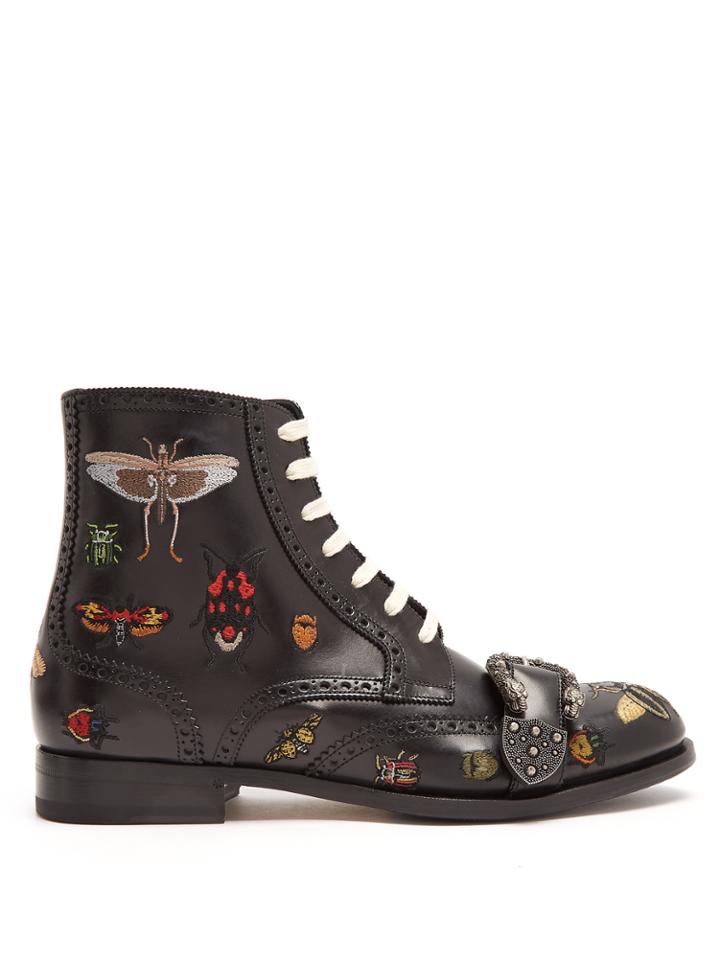 Gucci Embroidered Lace-up Leather Brogue Boots