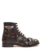 Gucci Embroidered Lace-up Leather Brogue Boots