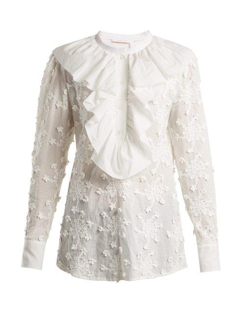 Matchesfashion.com See By Chlo - Ruffled Trim Embroidered Cotton Blouse - Womens - White