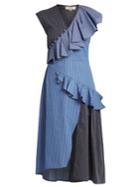 Sea Striped Ruffle-trimmed Cotton Midi Dress