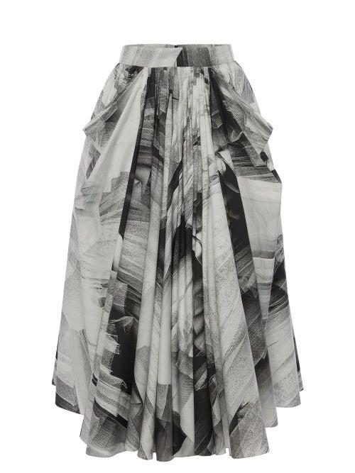 Matchesfashion.com Alexander Mcqueen - Draped Tulle-print Jersey Midi Skirt - Womens - Black White
