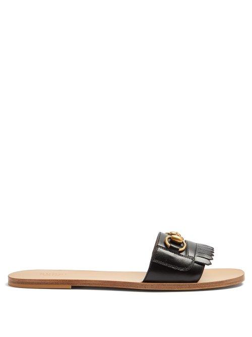 Matchesfashion.com Gucci - Fringe Detailed Horsebit Leather Slides - Womens - Black