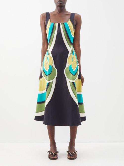 La Doublej - Sophia Printed Cotton-blend Midi Dress - Womens - Black Multi