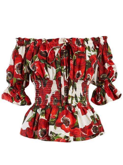 Matchesfashion.com Dolce & Gabbana - Off The Shoulder Anemone Print Poplin Blouse - Womens - White Multi