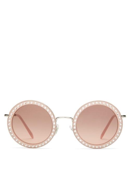 Matchesfashion.com Miu Miu - Dlice Studded Round Acetate Sunglasses - Womens - Pink