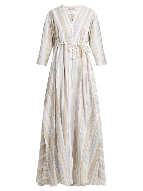 Matchesfashion.com Palmer//harding - Striped Drawstring Waist Cotton Blend Maxi Dress - Womens - Beige Multi