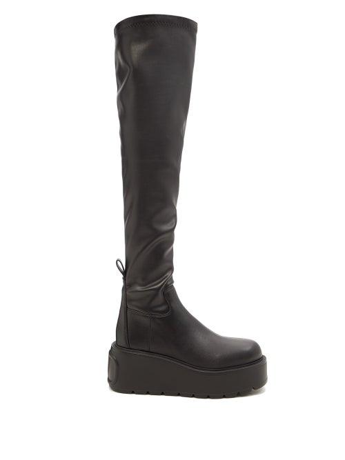 Valentino Garavani - Over-the-knee Leather Wedge Boots - Womens - Black