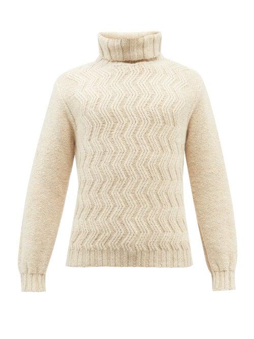 Inis Mein - Roll-neck Chevron Merino Wool-blend Sweater - Mens - Cream