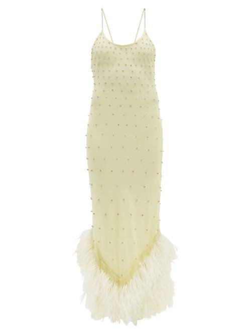 Matchesfashion.com The Attico - Feather Trim Crystal Embellished Dress - Womens - Light Yellow