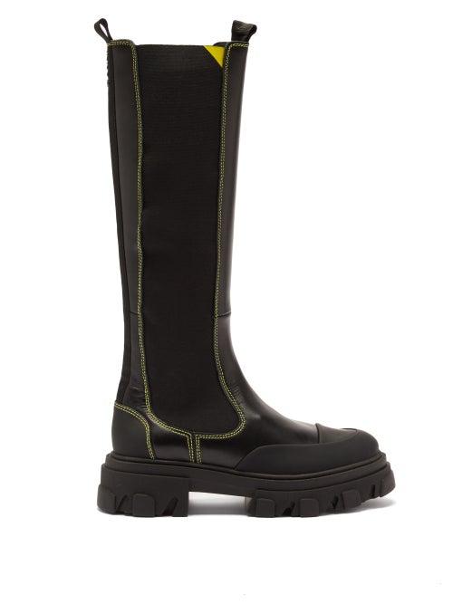 Matchesfashion.com Ganni - Chunky Topstitched Leather Knee-high Chelsea Boots - Womens - Black