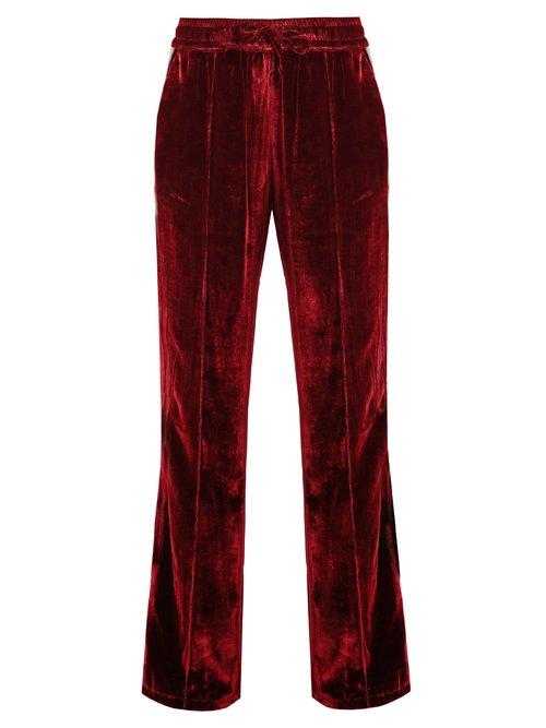 Matchesfashion.com Serena Bute - Contrast Striped Wide Leg Velvet Trousers - Womens - Burgundy Multi