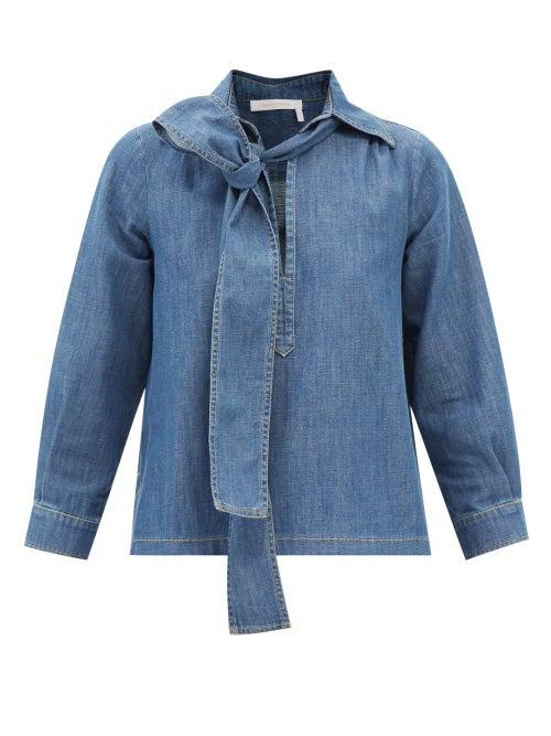 See By Chlo - Neck-tie Denim Blouse - Womens - Mid Denim