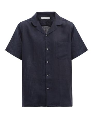 Matchesfashion.com Desmond & Dempsey - Cuban-collar Linen Pyjama Shirt - Mens - Navy