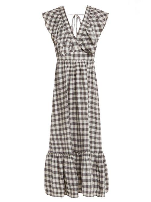 Matchesfashion.com Lee Mathews - Edith Gingham V Neck Linen Dress - Womens - Grey White