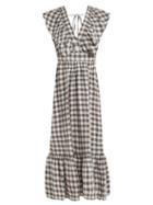 Matchesfashion.com Lee Mathews - Edith Gingham V Neck Linen Dress - Womens - Grey White