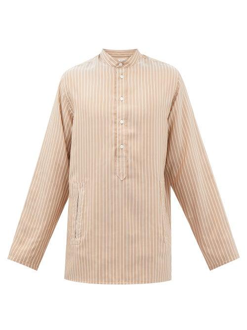 Umit Benan B+ - Collarless Striped Cotton-blend Shirt - Mens - Brown