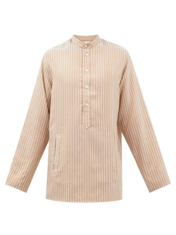 Umit Benan B+ - Collarless Striped Cotton-blend Shirt - Mens - Brown