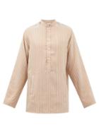 Umit Benan B+ - Collarless Striped Cotton-blend Shirt - Mens - Brown
