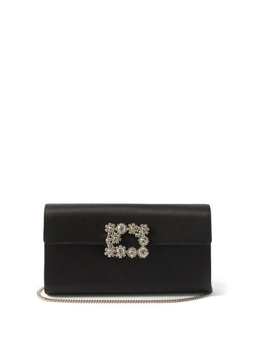 Roger Vivier - Floral Crystal-buckle Satin Clutch - Womens - Black