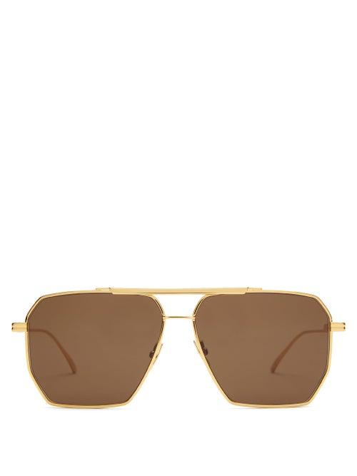 Matchesfashion.com Bottega Veneta - Angular Aviator Metal Sunglasses - Womens - Gold