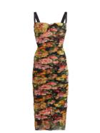Matchesfashion.com Dolce & Gabbana - Ruched Floral Print Tulle Midi Dress - Womens - Black Multi