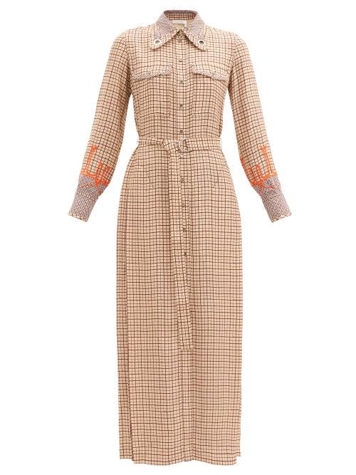 Matchesfashion.com Chlo - Belted Windowpane-check Crepe Shirt Dress - Womens - Beige Multi