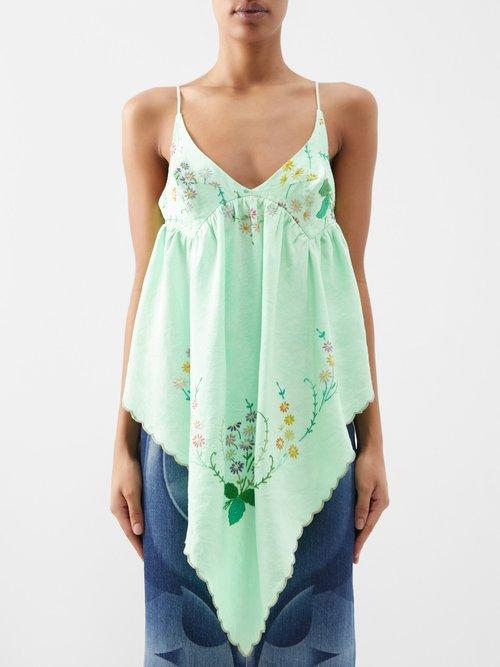 Conner Ives - Floral-embroidery Upcycled-cotton Cami Top - Womens - Light Green