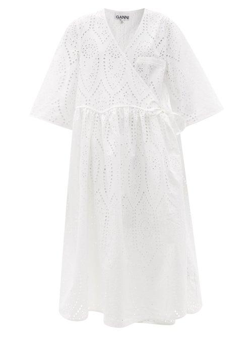 Ladies Rtw Ganni - Broderie-anglaise Organic-cotton Wrap Dress - Womens - White