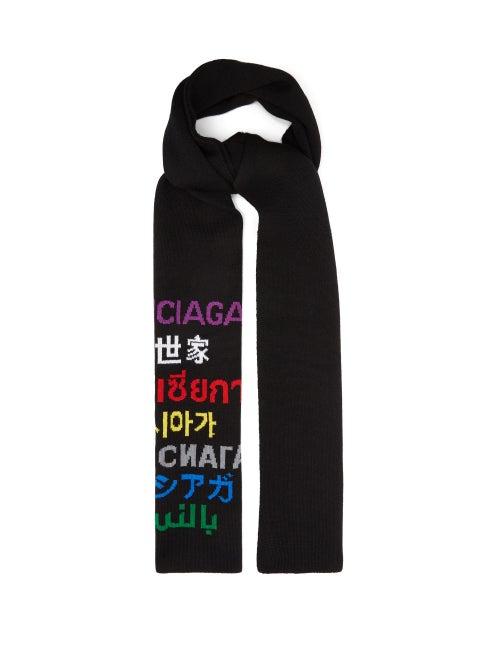 Matchesfashion.com Balenciaga - Languages Logo-jacquard Wool-blend Scarf - Womens - Black Multi