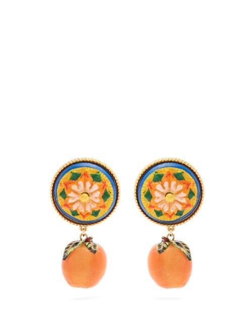 Matchesfashion.com Dolce & Gabbana - Floral And Orange Drop Clip On Earrings - Womens - Yellow