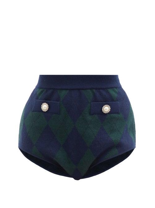 Alessandra Rich - High-rise Argyle Knit Mini Shorts - Womens - Blue Multi