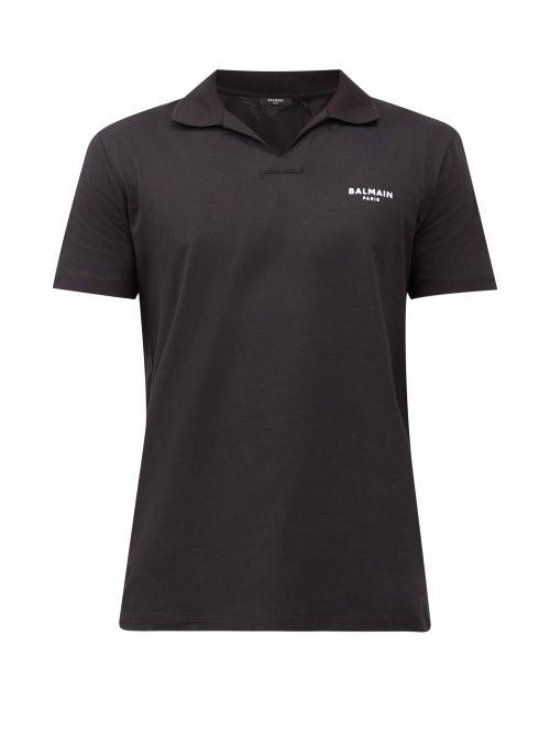 Matchesfashion.com Balmain - Flocked-logo Cotton-jersey Polo Shirt - Mens - Black