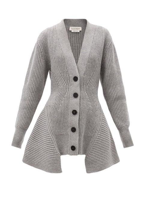 Matchesfashion.com Alexander Mcqueen - Peplum-hem Wool-blend Longline Cardigan - Womens - Grey
