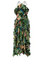 Matchesfashion.com Gucci - Floral Check Print Ruffled Silk Crepe Gown - Womens - Green Multi