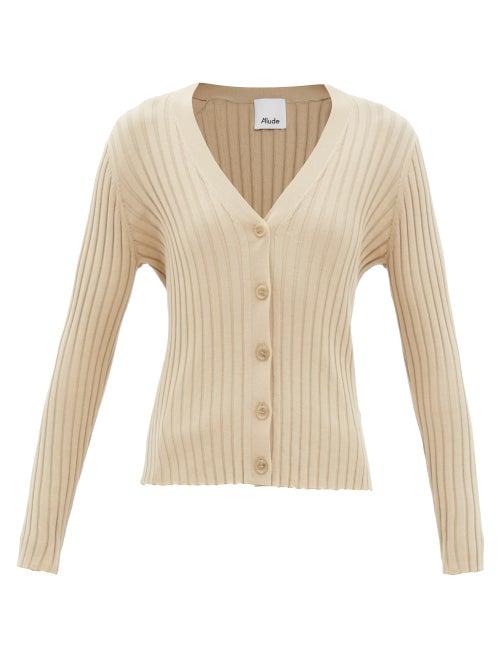 Allude - V-neck Ribbed-knit Cardigan - Womens - Camel