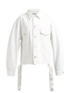 Matchesfashion.com Balenciaga - Distressed Logo Embroidered Denim Jacket - Womens - White